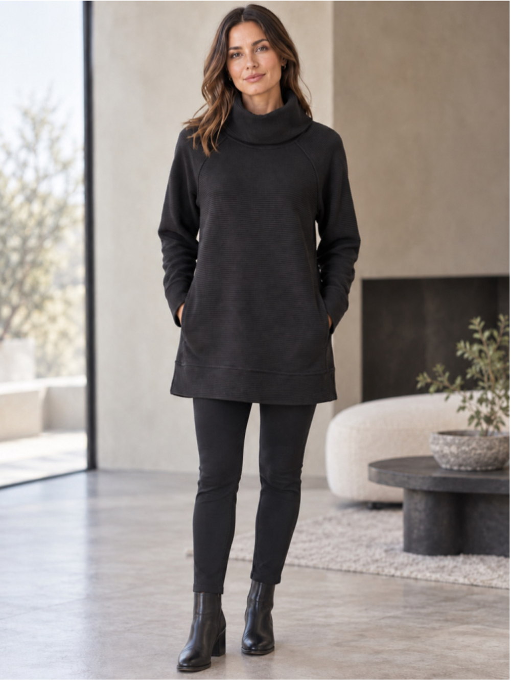 Saint + Sofia Funnel Neck Sweater Women 6 Ribbed Organic Scandi Lagenlook Black